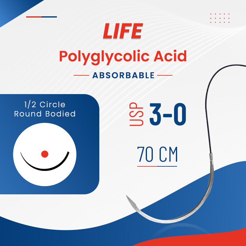 LIFELINE Polyglycolic Acid (PGA) 20mm absorbable sutured needle with 1/2 circle round body for surgical stitching.