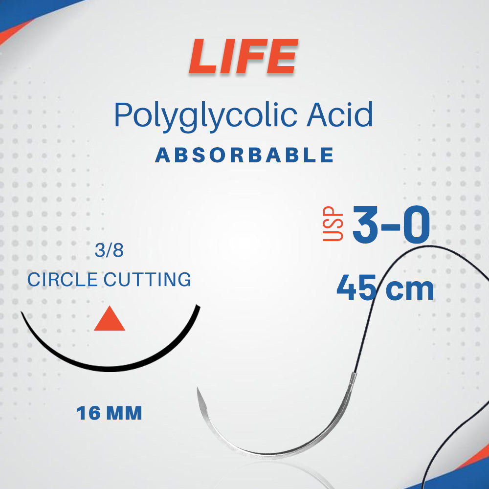 LIFELINE Polyglycolic Acid PGA 3/8 circle 16mm absorbable needled suture, medical sutures and needles.
