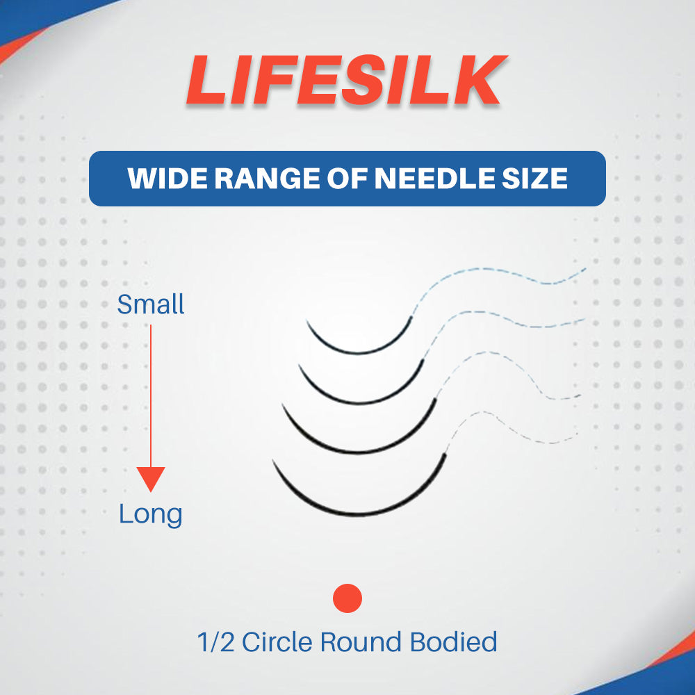 LIFELINE LifeSilk sterile needled suture with 1/2 circle round-bodied needle for surgical stitching, shown in the image.