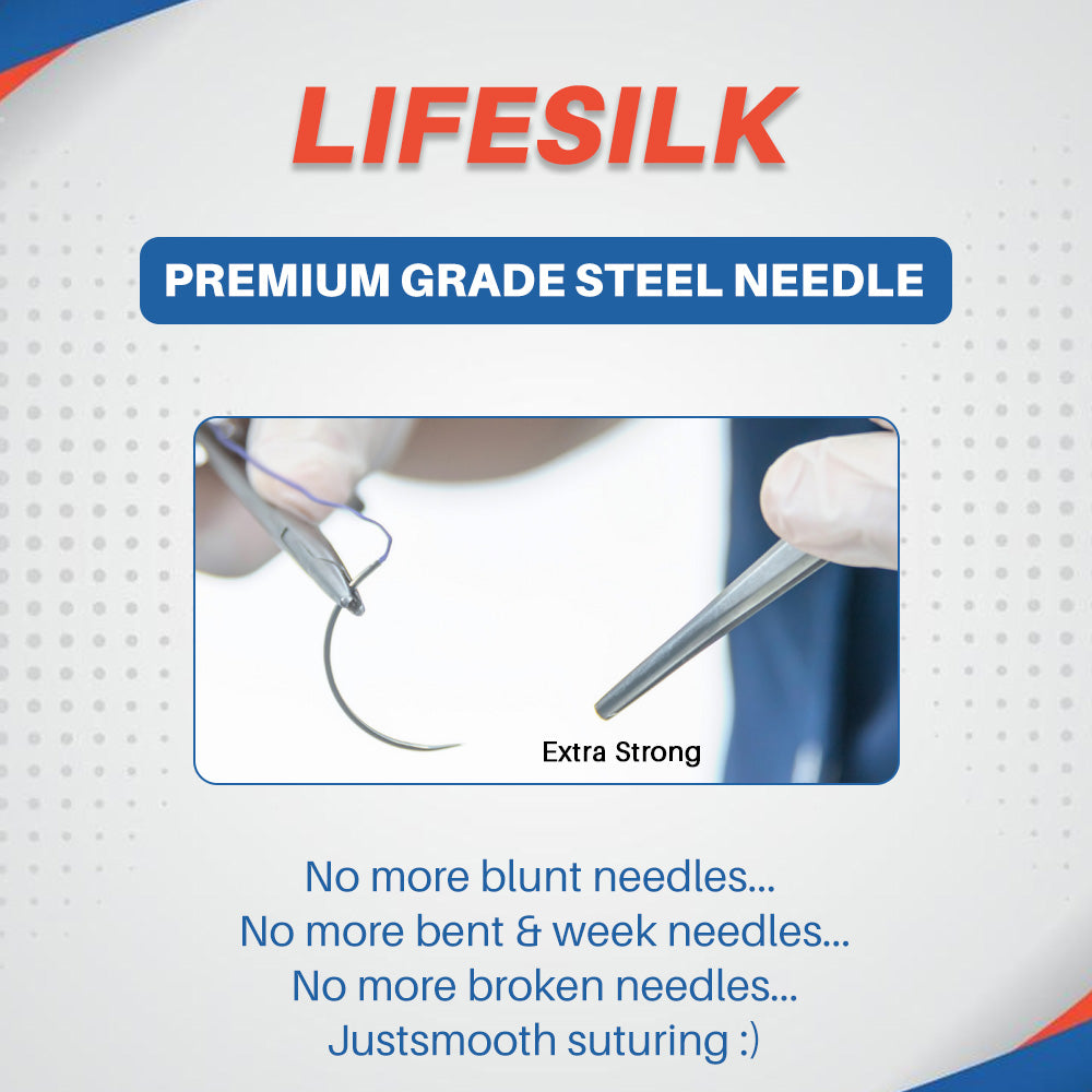 LIFELINE LifeSilk sterile needled suture with 3/8 circle cutting needle for surgical suturing, shown in sterile packaging.