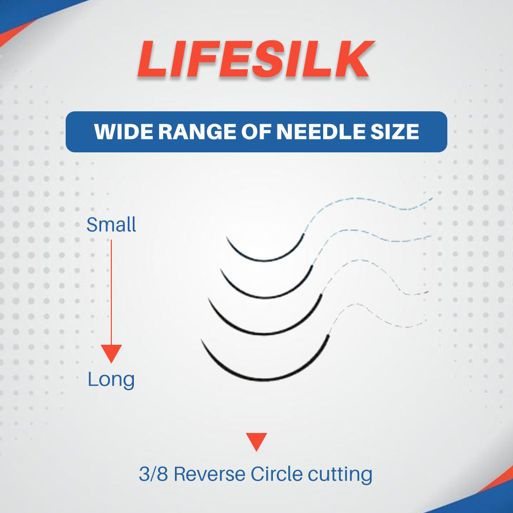 LIFELINE LifeSilk sterile needled suture with 3/8 circle reverse cutting needle, used for precise surgical stitching.