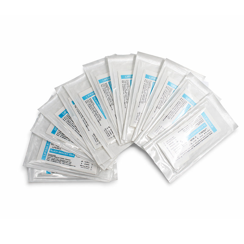 LIFELINE LifeSilk sterile non-absorbable sutures with 3/8 circle reverse cutting needles for surgical stitching.