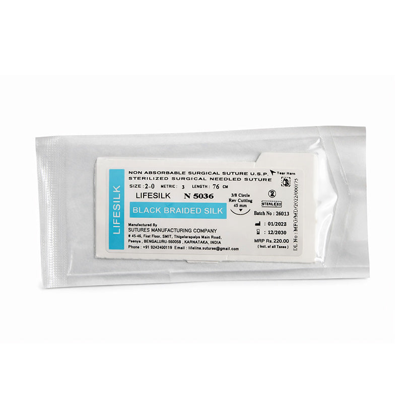 LIFELINE LifeSilk sterile non-absorbable sutures with 3/8 circle reverse cutting needles for surgical stitching.