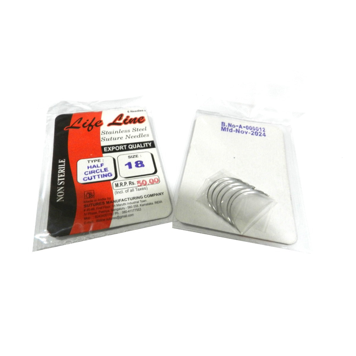 LIFELINE Lifeline SS Suture Needles, half-circle cutting, size No. 17, pack of 6, shown with multiple needle packs for suturing.