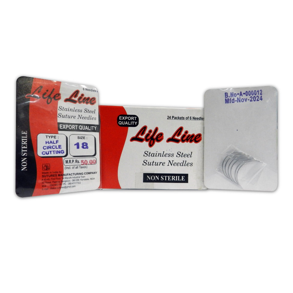 LIFELINE Lifeline SS Suture Needles, Half Circle Cutting, size 17, stainless steel, pack of 6, 24 packs for medical suturing.