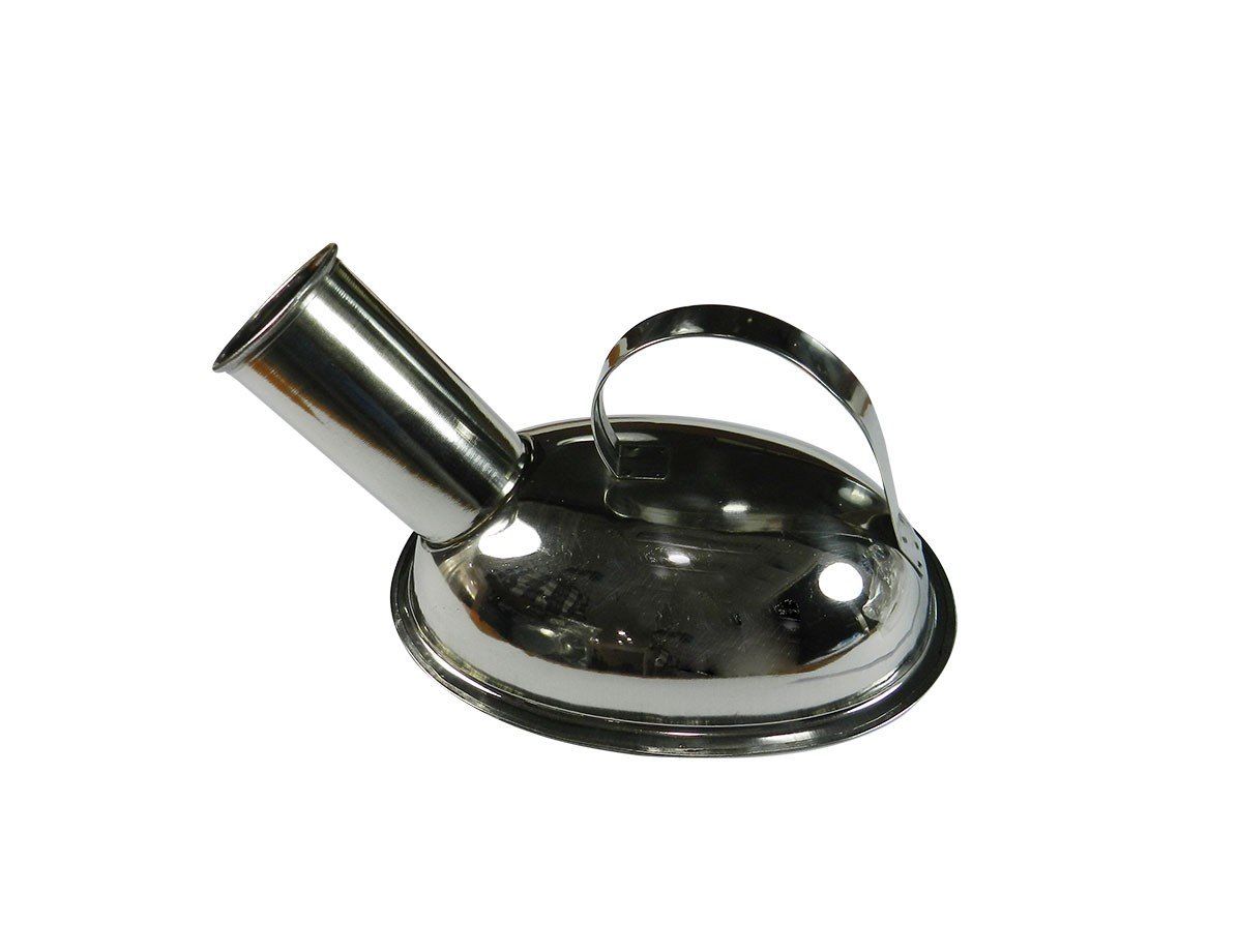 Stainless steel male urinal pot by Maya Surgicals, designed for medical or hygienic use, with a smooth, durable finish.