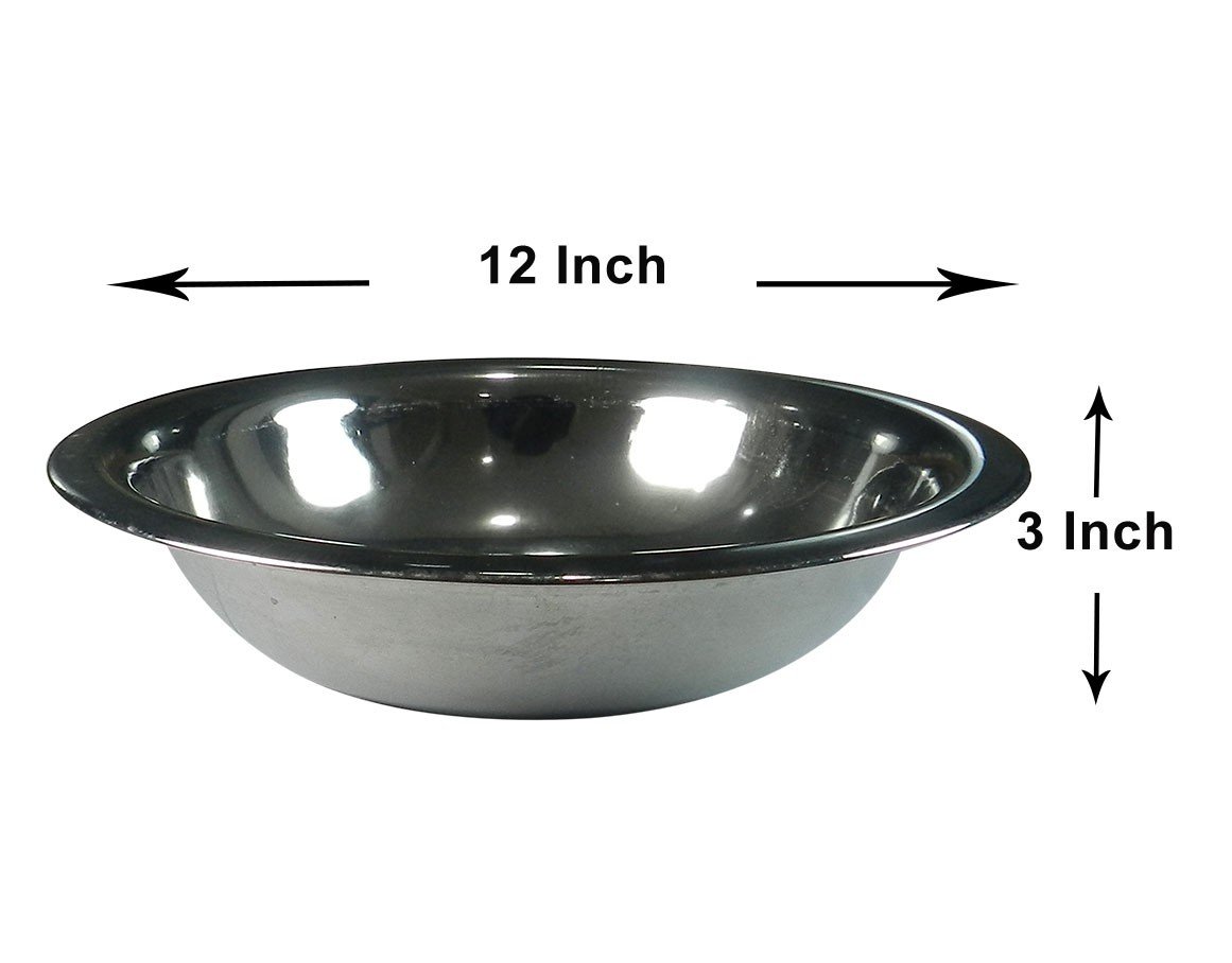 Maya Surgicals stainless steel basin bowl setup tray, 12x3 inches, 2550 ml capacity, used for medical or surgical procedures.