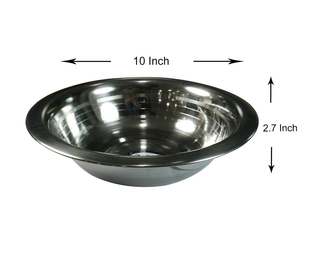 Maya Surgicals stainless steel 10-inch basin or kidney tray with 1850 ml capacity, used for medical or surgical setups.