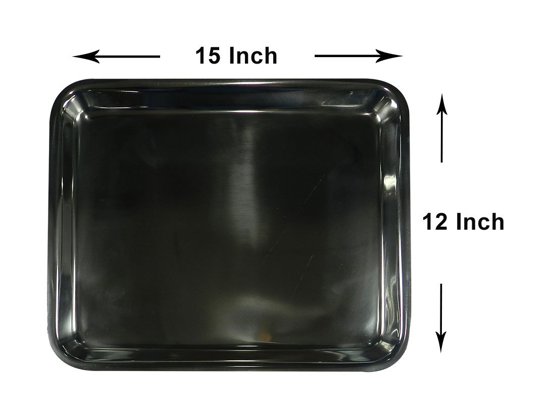 Maya Surgicals stainless steel shallow setup tray measuring 15x12 inches, used for medical or surgical purposes.