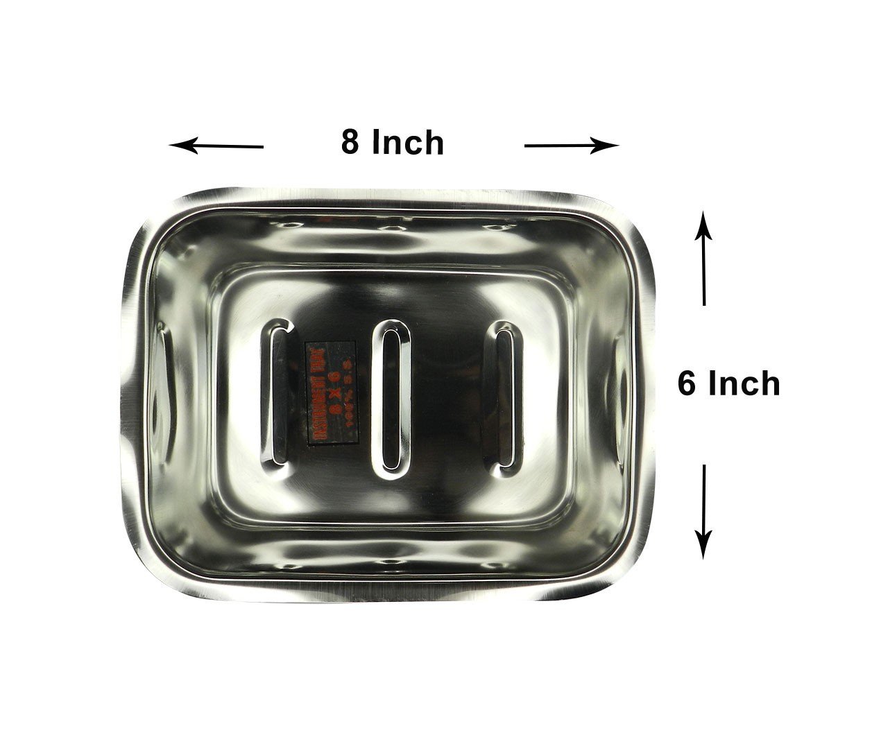 Maya Surgicals stainless steel shallow setup tray, 8x6 inches, used for medical or surgical purposes, with a smooth reflective surface.