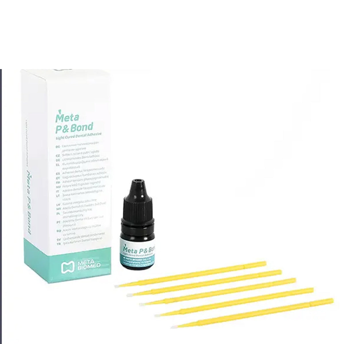 Meta Biomed Meta P&Bond 5th Generation Bonding System bonding agent in 5g container, shown in a clinical setting.