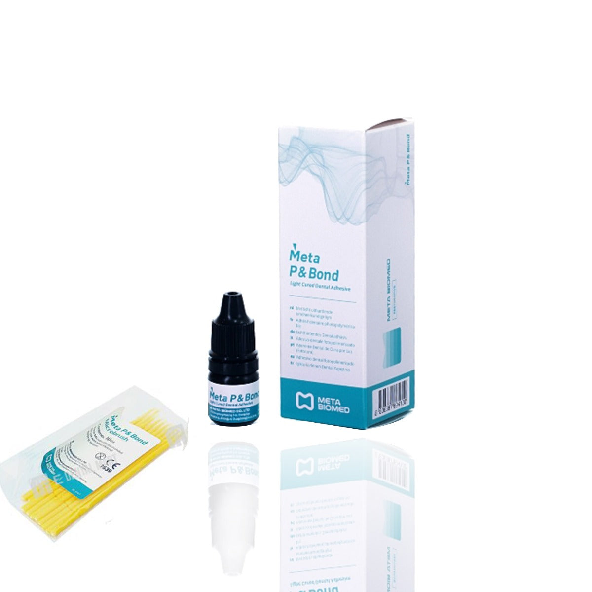 Meta Biomed Meta P&Bond 5th Generation Bonding System bonding agent in a 5g container, shown with its packaging and applicator.