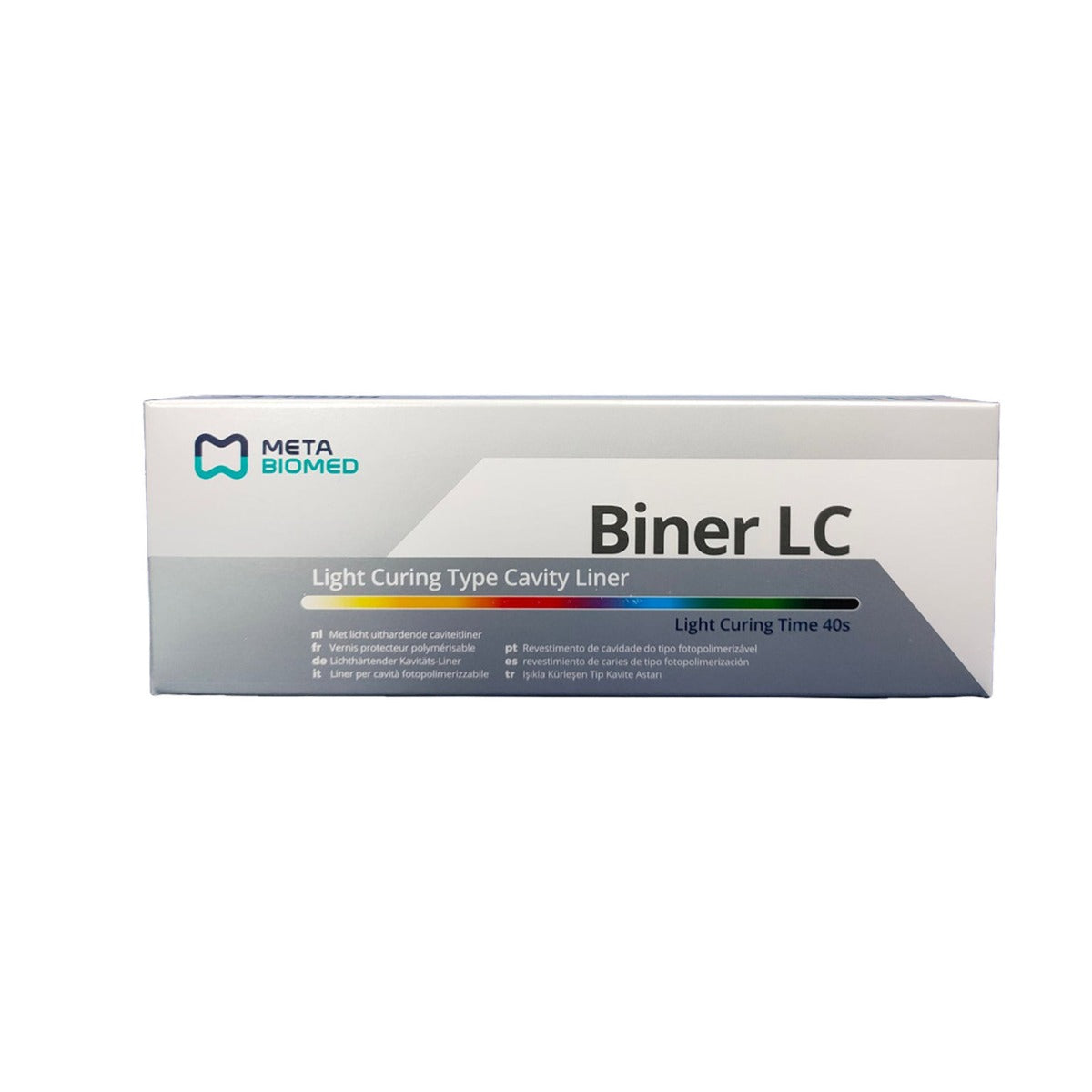 Meta Biomed MB Biner LC light curing cavity liner in 2g syringe, showing the syringe and product packaging for dental procedures.
