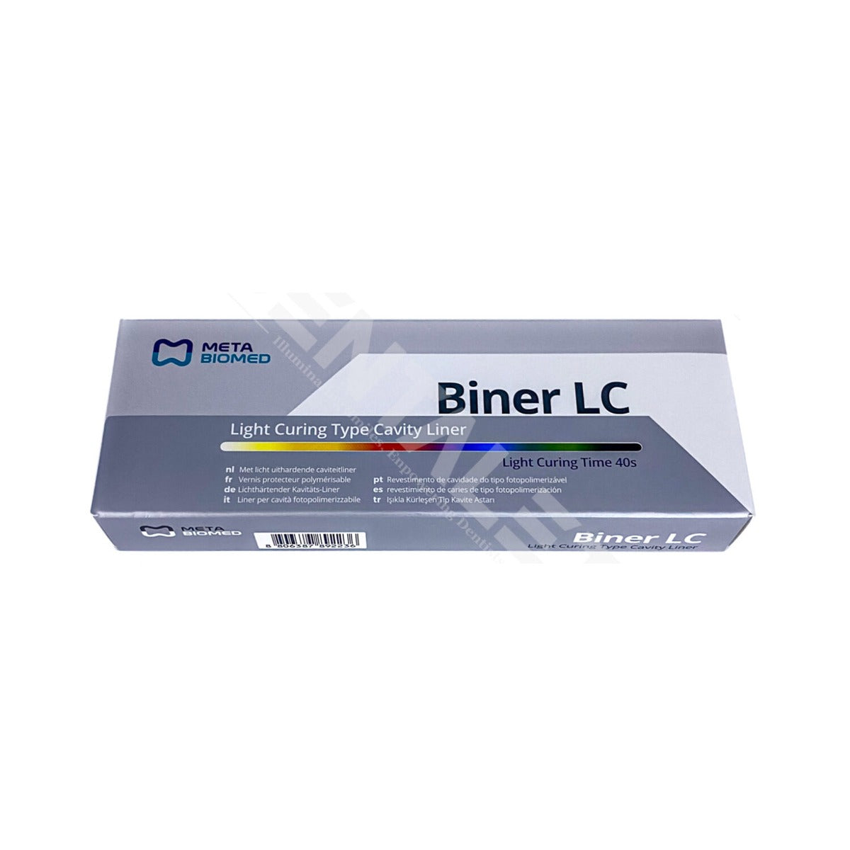 Meta Biomed MB Biner LC light curing cavity liner in 2g syringe, showing the syringe with applicator tip for dental use.