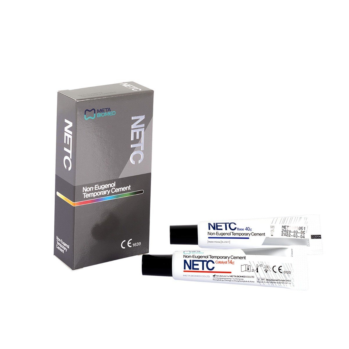 Meta Biomed Meta Non-Eugenol Temporary Cement with 1 base 40g and 1 catalyst 14g for dental provisional restorations.