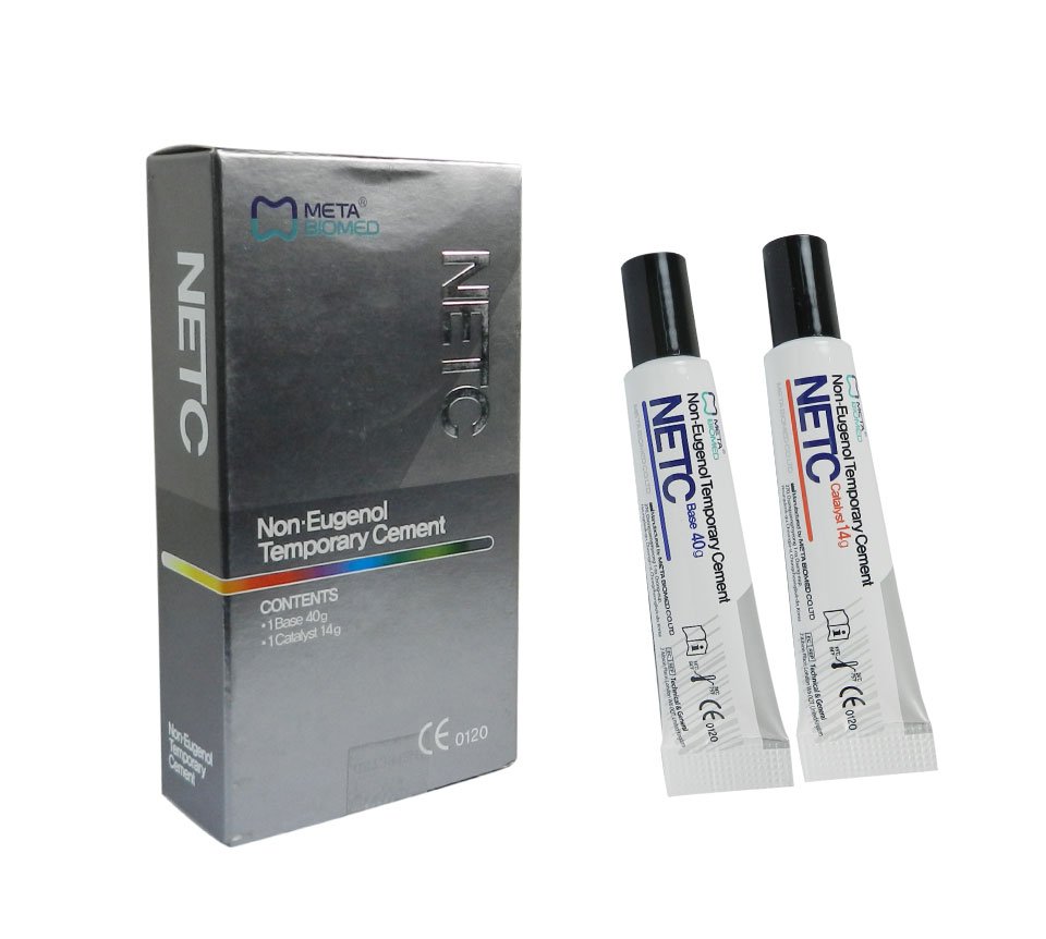 Meta Biomed Meta Non-Eugenol Temporary Cement set with 40g base and 14g catalyst for dental use.