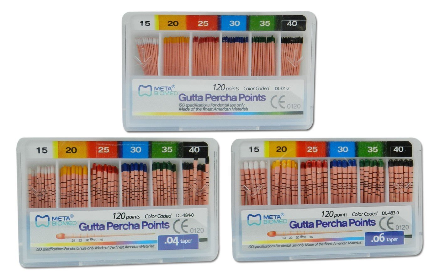 Meta Biomed Gutta Percha Points for endodontic procedures, white GP endo instrument pack, 120 pieces for root canal filling.