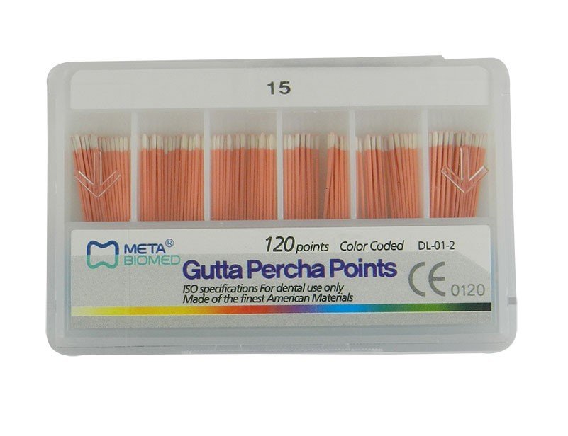 Set of Meta Biomed Gutta Percha Points, endodontic instruments for root canal procedures, shown in white in a 120-pack.