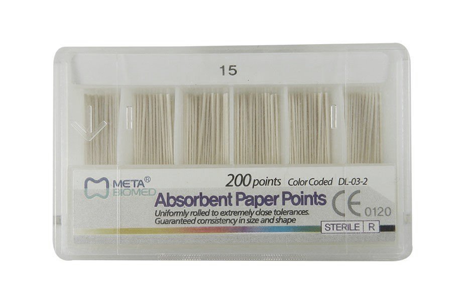 Meta Biomed Gutta Percha Points for endodontic procedures, white endo instruments in a 120-pack.