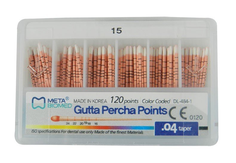Box of Meta Biomed Gutta Percha Points for endodontic procedures, white endo instruments, 120-piece pack.
