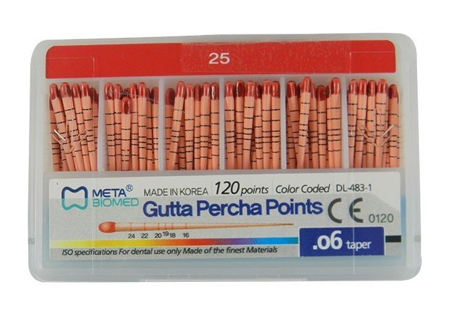 Meta Biomed Gutta Percha Points for endodontic treatment, white, 120-pack, essential endo instrument for root canal procedures.