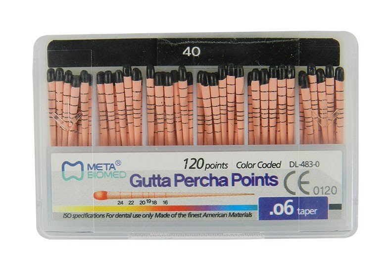 Meta Biomed Gutta Percha Points for endodontic procedures, white, 120-pack, made of high-quality gutta percha for root canal filling.