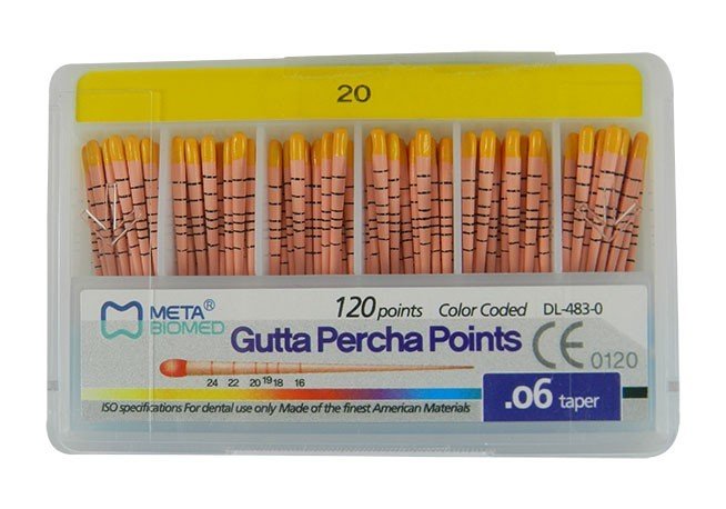 Set of Meta Biomed Gutta Percha Points for endodontic procedures, white endo instruments in a 120-pack.