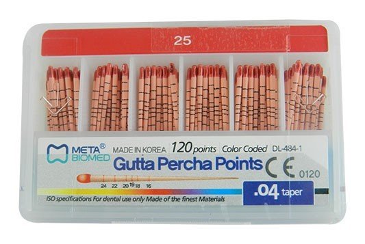 Meta Biomed Gutta Percha Points for endodontic procedures, white GP endo instruments in a 120-pack.