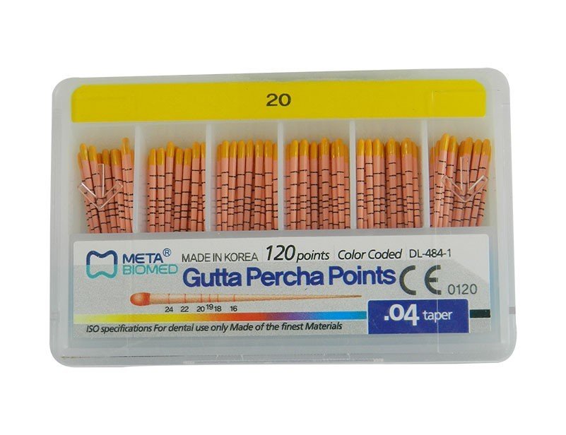 Meta Gutta Percha Points for endodontic procedures, white GP endo instruments by Meta Biomed, 120-pack.