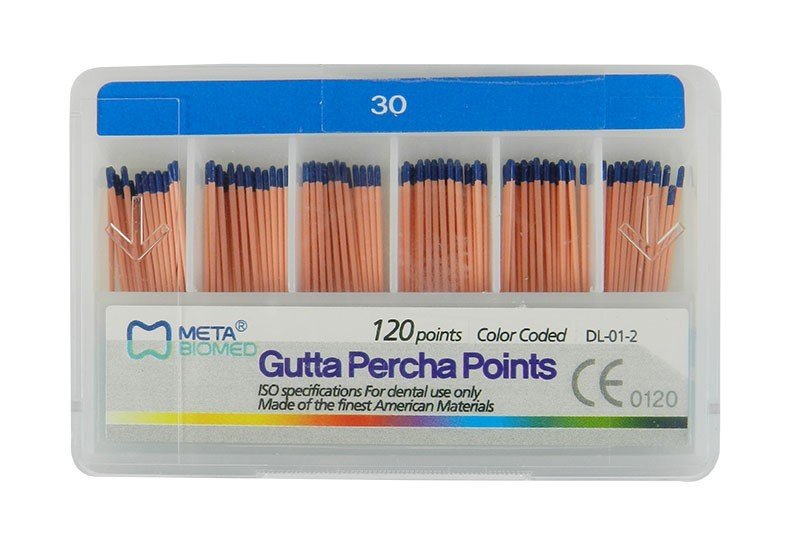 Meta Biomed Gutta Percha Points for endodontic treatment, white endo instruments used in root canal procedures.