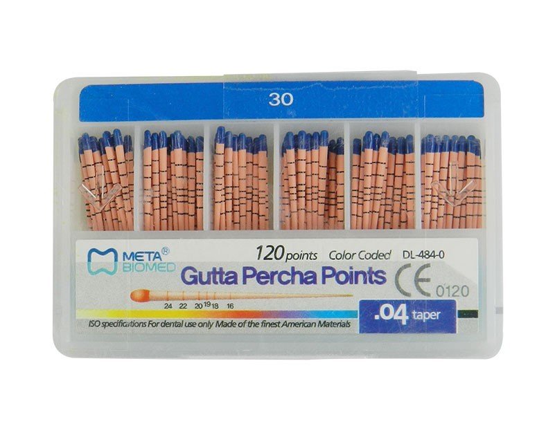 White Meta Gutta Percha Points for endodontic procedures, part of Meta Biomed's endo instruments collection, shown in a pack.