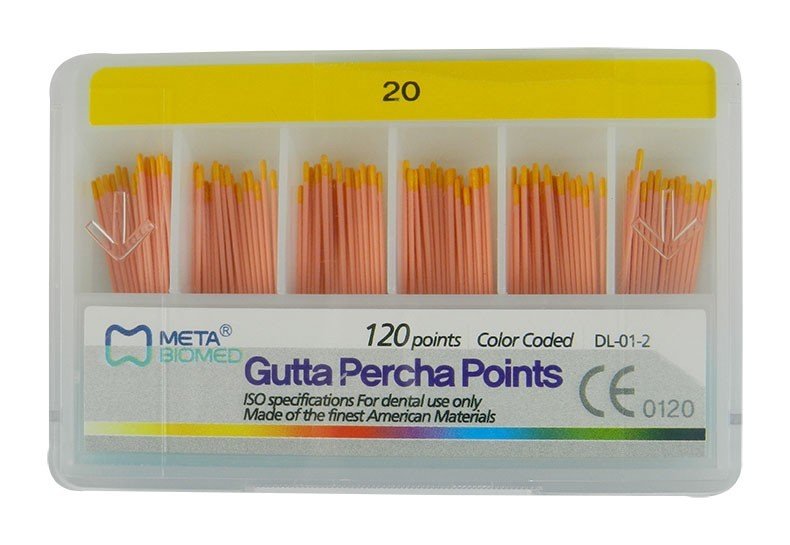 Meta Biomed Gutta Percha Points for endodontic procedures, white GP endo instruments in a 120-pack.