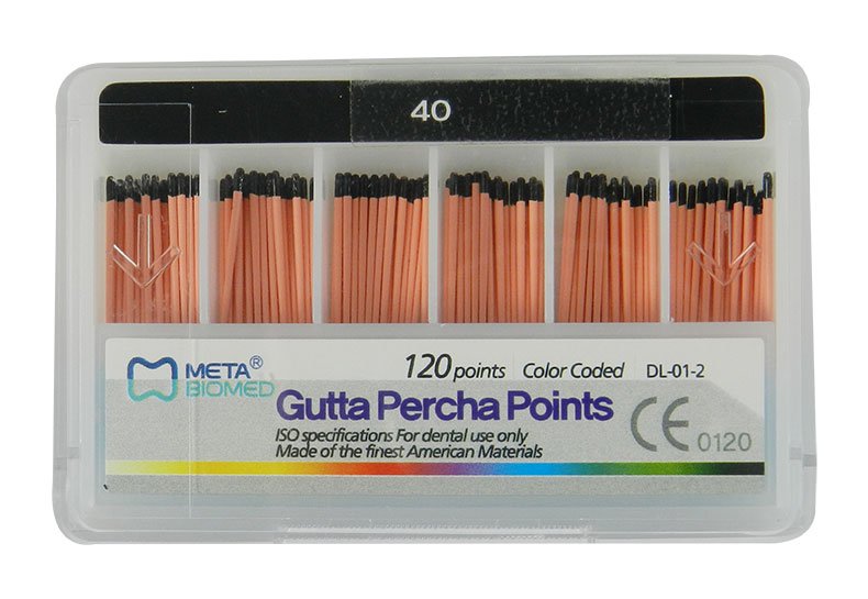 Box of 120 Meta Biomed Gutta Percha Points, endodontic instruments for root canal therapy, white GP points for dental procedures.