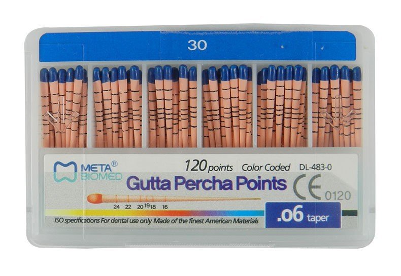 Meta Biomed Gutta Percha Points for endodontic procedures, white GP endo instruments in a 120-pack.