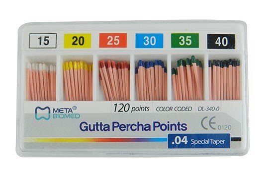 Meta Biomed Gutta Percha Points for endodontic procedures, white endo instruments used in root canal treatments.