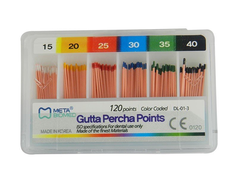 Set of Meta Biomed Gutta Percha Points for endodontic procedures, white, 120-pack of GP endo instruments.