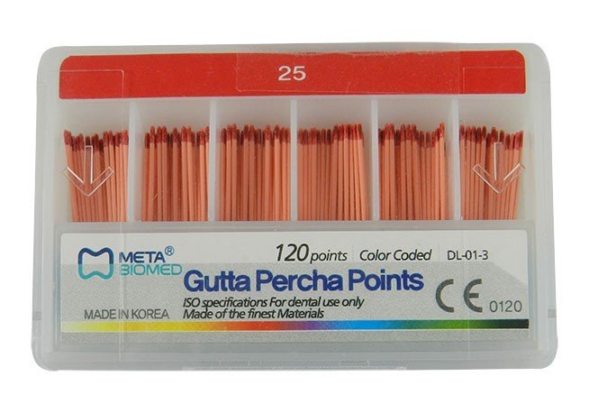 Sheet of Meta Gutta Percha Points (GP) for endodontic procedures, white, from Meta Biomed, arranged in a neat pack.
