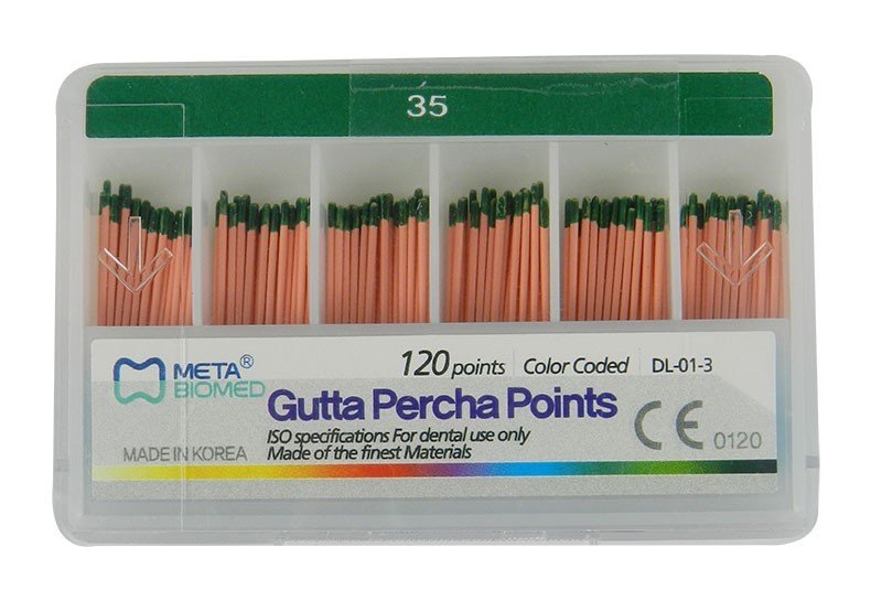 Set of Meta Biomed Gutta Percha Points for endodontic procedures, white, 120-pack of GP endo instruments.