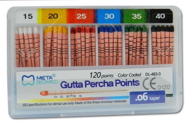Meta Biomed Gutta Percha Points for endodontic procedures, white endo instruments, 120-pack of gutta-percha points.
