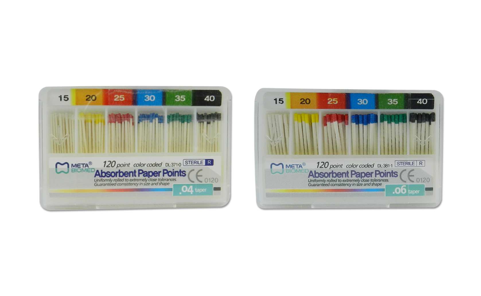 Meta Biomed absorbent paper points for endodontic procedures, shown in a pack of 120 with red-colored tips.