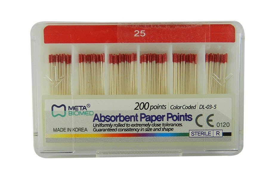 Red Meta Absorbent Paper Points for endodontic procedures, designed by Meta Biomed, shown in a pack of 120.