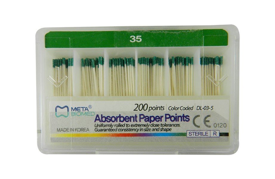 Meta Biomed Endo Instruments absorbent paper points, red, for dental root canal procedures, shown in a 120-pack.