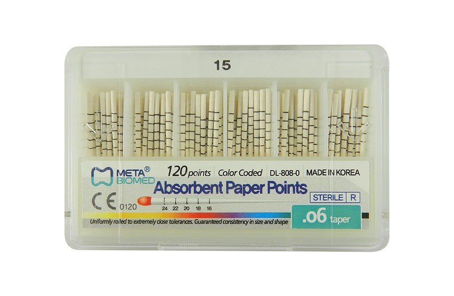 Meta Biomed absorbent paper points for endodontic procedures, shown in red, arranged in a pack of 120.