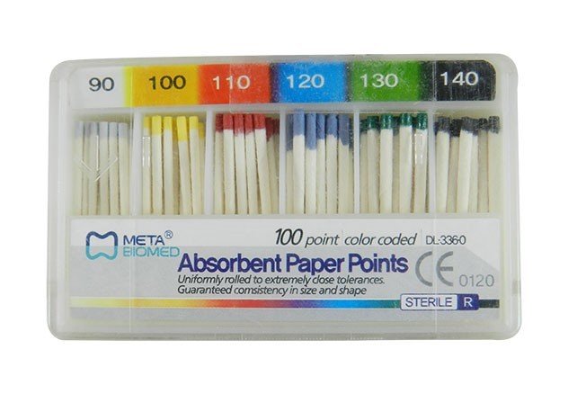 Meta Biomed Endo Instruments Meta Absorbent Paper Points in red, 25-pack for dental root canal procedures.