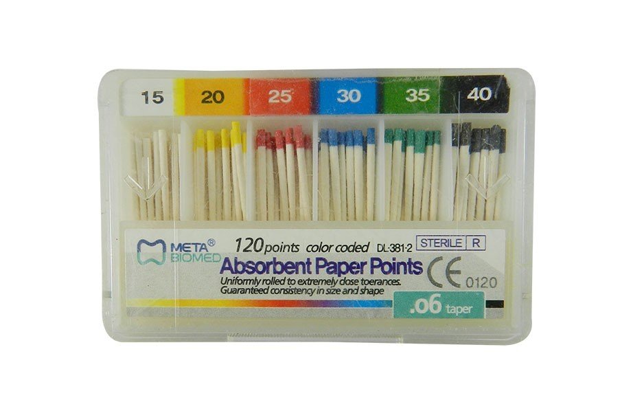 Meta Biomed Endo Instruments Meta Absorbent Paper Points in red, 25-pack for dental root canal procedures.