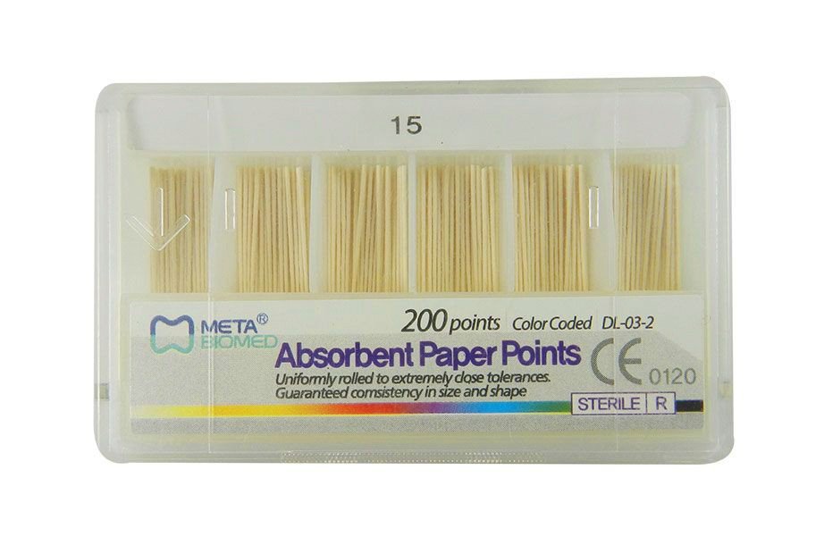 Meta Biomed Endo Instruments Meta Absorbent Paper Points in red, 25-pack, used for moisture absorption during dental procedures.