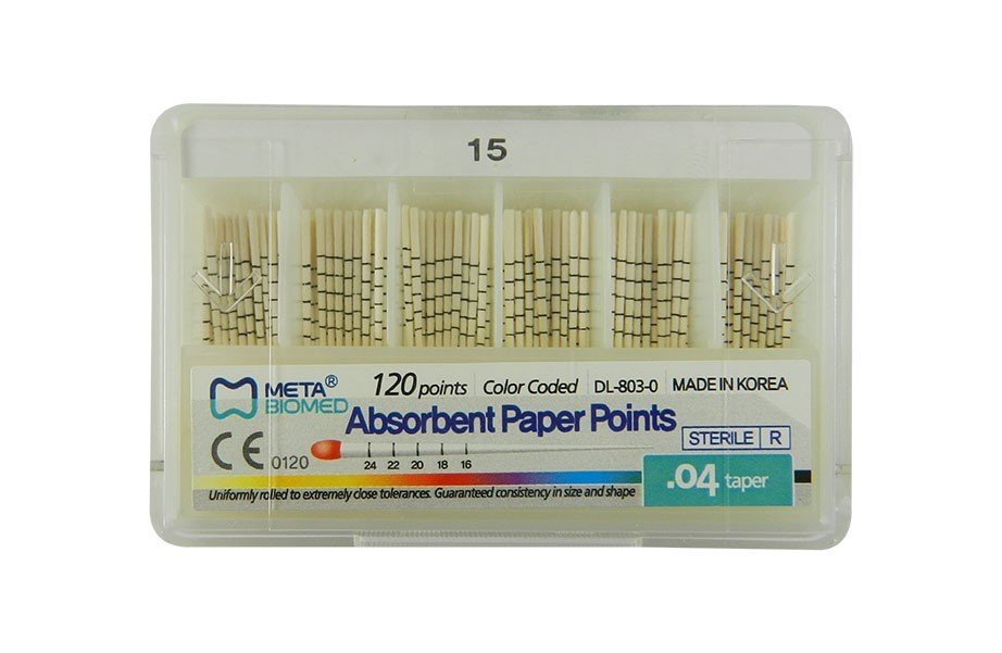 Meta Biomed Endo Instruments, 25 red absorbent paper points for root canal procedures, shown in a pack of 120.
