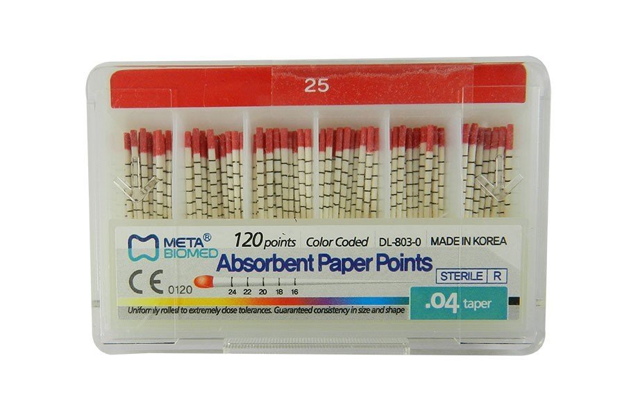 Meta Biomed Endo Instruments Meta Absorbent Paper Points in red, 25-pack, used for moisture absorption during dental procedures.