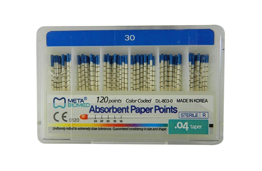 Meta Biomed Endo Instruments Meta Absorbent Paper Points, red, 25 gauge, for dental root canal procedures, 120-pack.