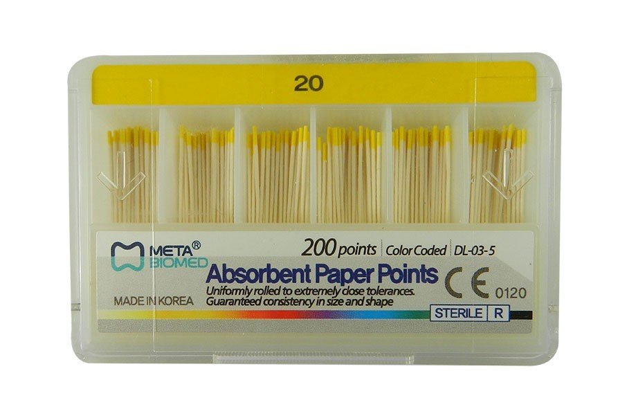 Meta Biomed Endo Instruments Meta Absorbent Paper Points, red, used for dental procedures, shown in a pack of 120.